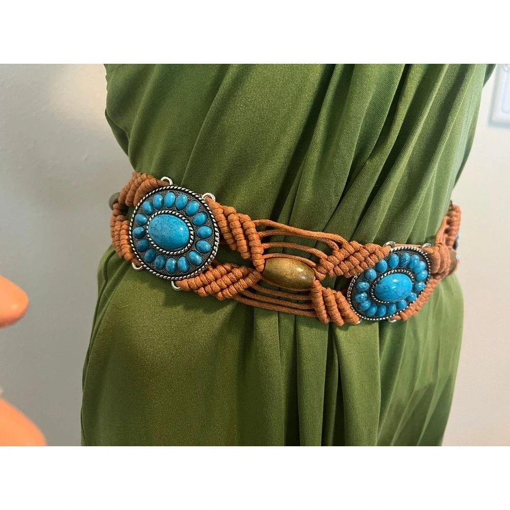 Macrame Braided Belt Terracotta Turquoise Southwestern Boho Up to 40